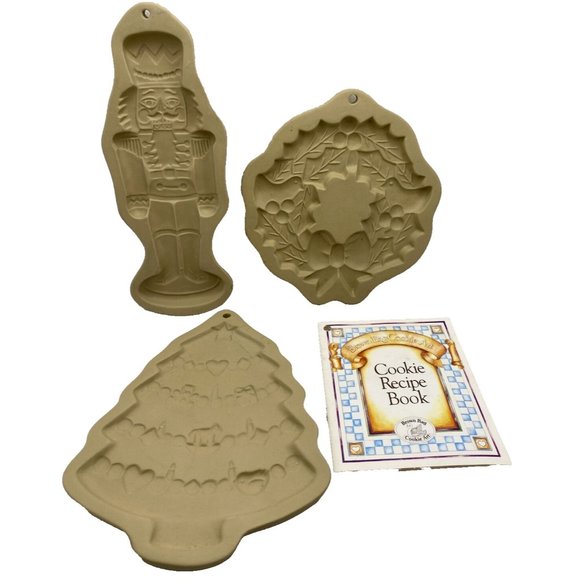 Set of 3 Brown Bag Cookie Art Molds Nutcracker Wreath Christmas Tree Recipe Book - Picture 1 of 12